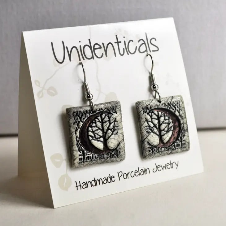 Crescent Moon Tree Earrings Black
