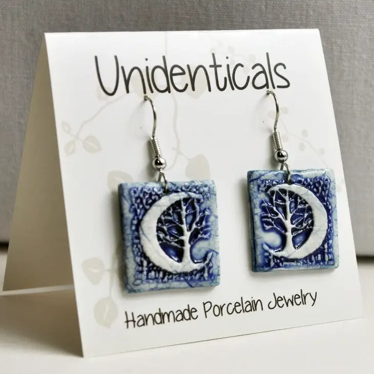 Crescent Moon Tree Earrings Blue