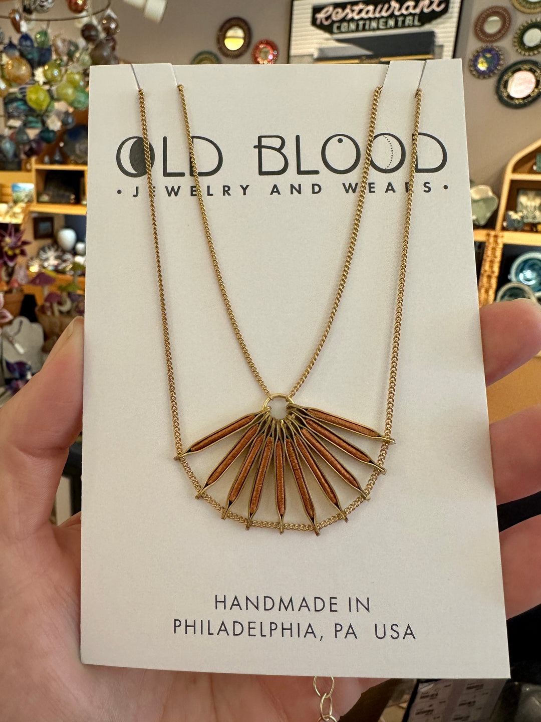 Inlay Sunburst Necklace Copper + Brass