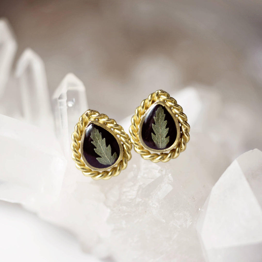 Small Pressed Fern Teardrop Earrings Black Enamel