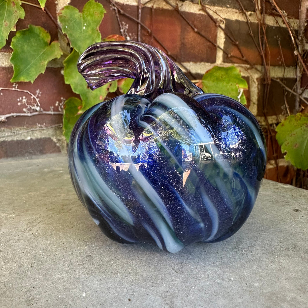 Glass Pumpkin - Small Blue + White with Purple Stem