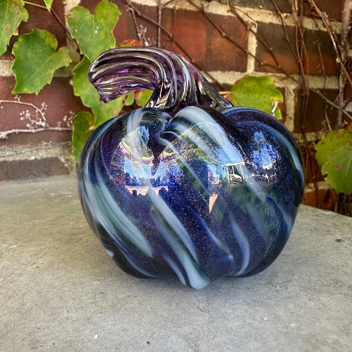 Glass Pumpkin - Small Blue + White with Purple Stem