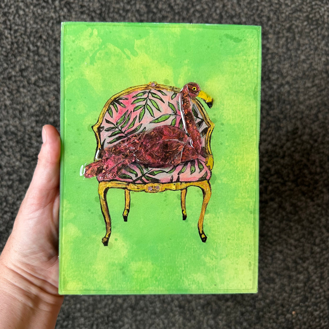 Flamingo on a Pink + Green Chair