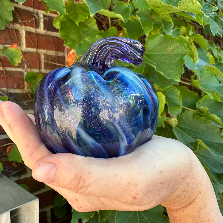Glass Pumpkin - Small Blue + White with Purple Stem