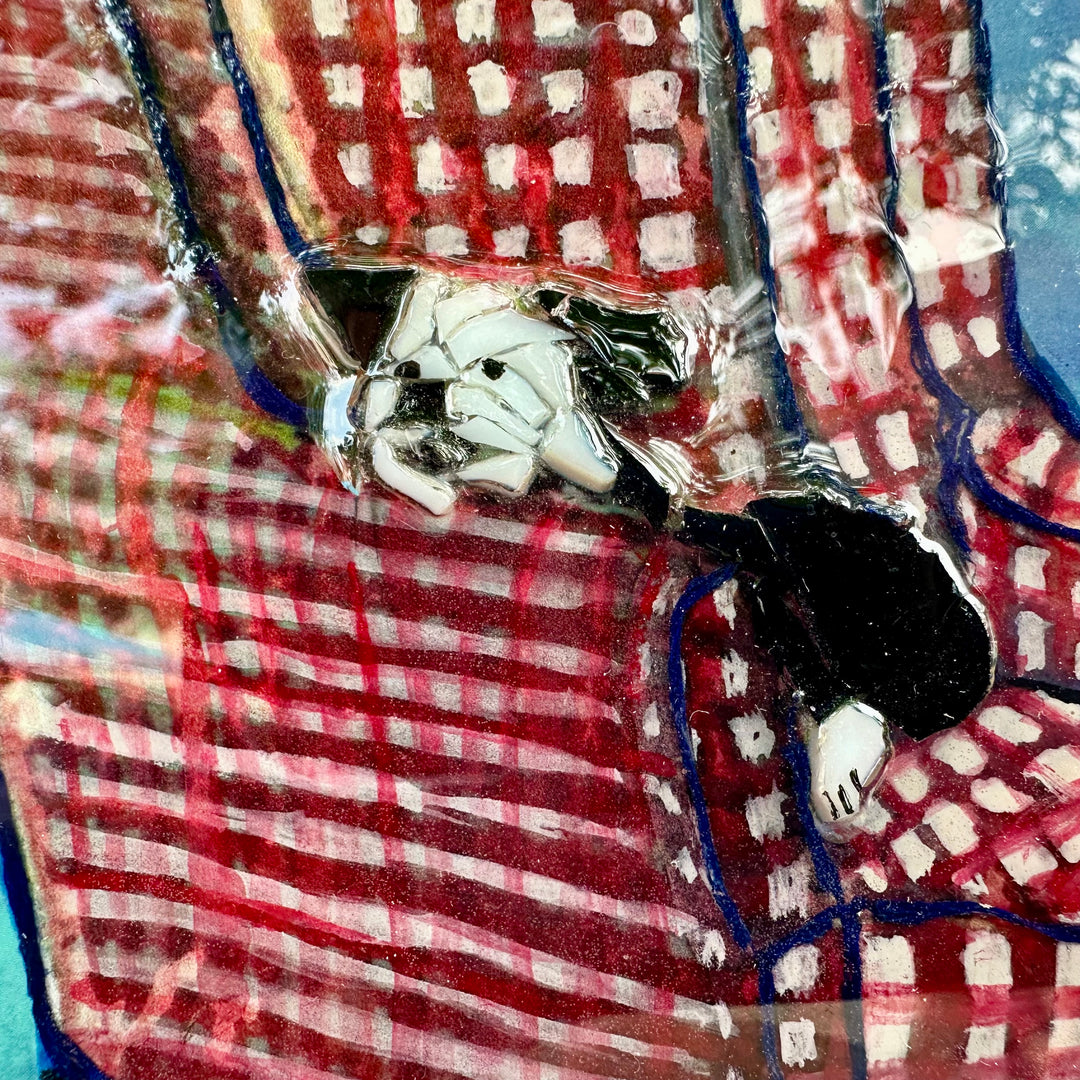 Sheep Dog on a Red + White Chair