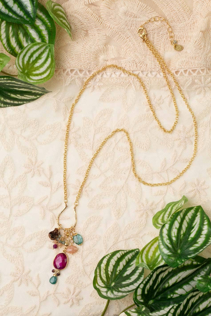 Gumdrop 29-31" Ruby, Peach Moonstone, Garnet, Kyanite Cluster Necklace