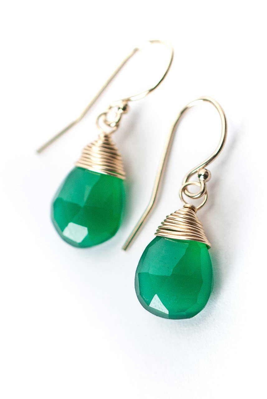 Birthstone May Gold Green Onyx Briolette Earrings