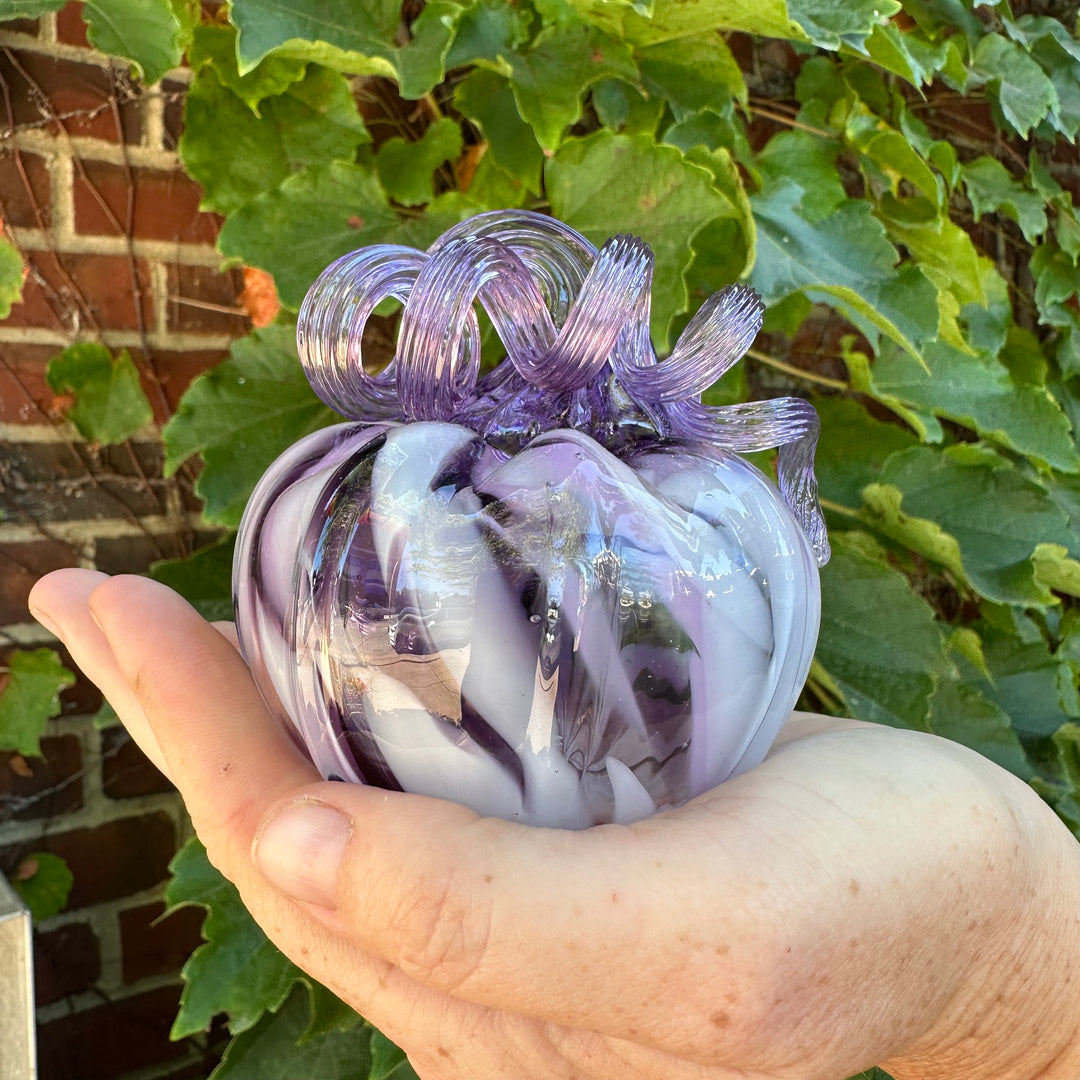 Glass Pumpkin - Small White + Purple with Purple Stem