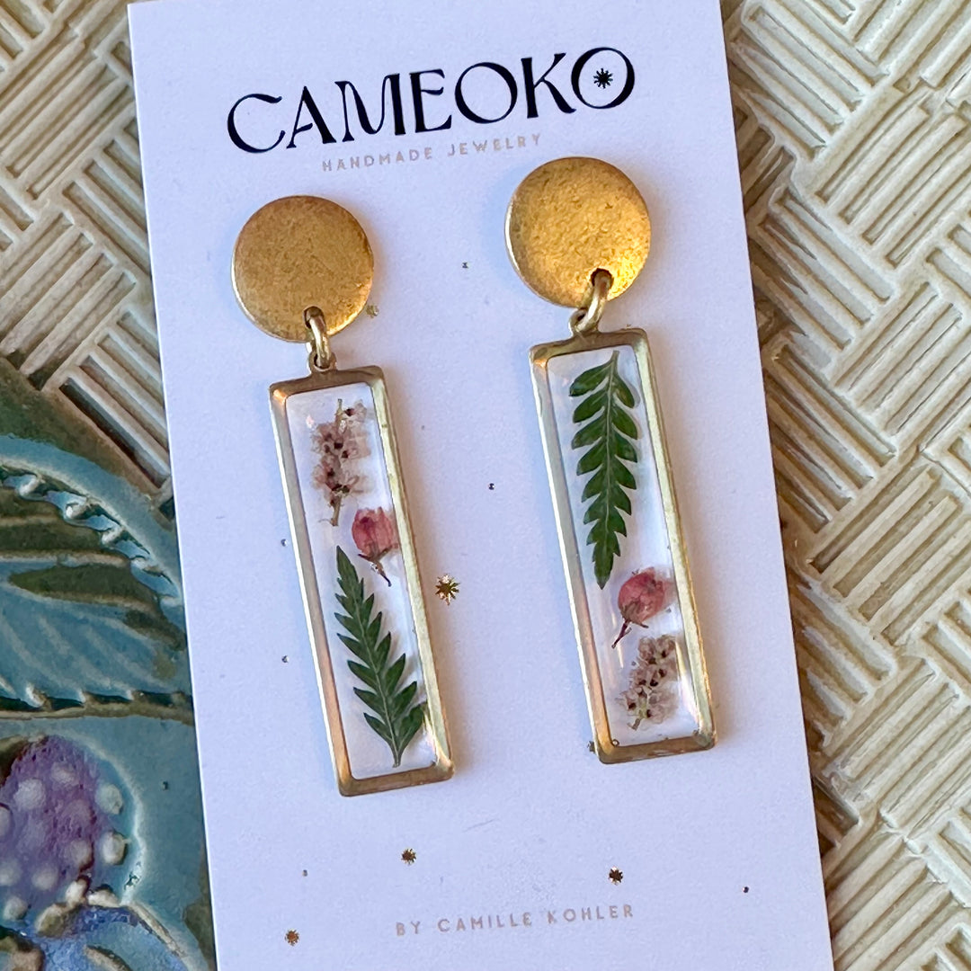 Botanical Twins Long Dangle Posts Dried Flowers and Ferns