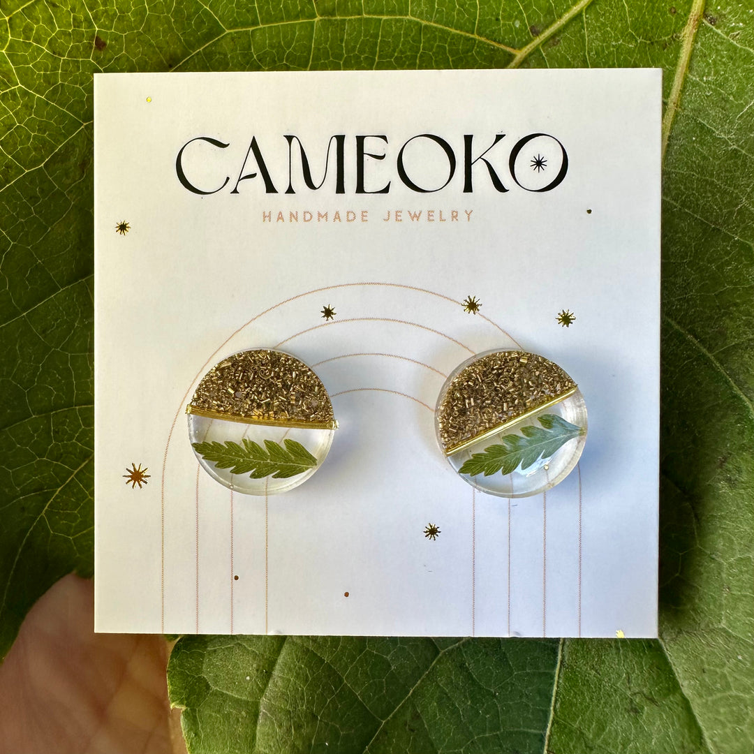 Fern + Stone Button Resin Earrings