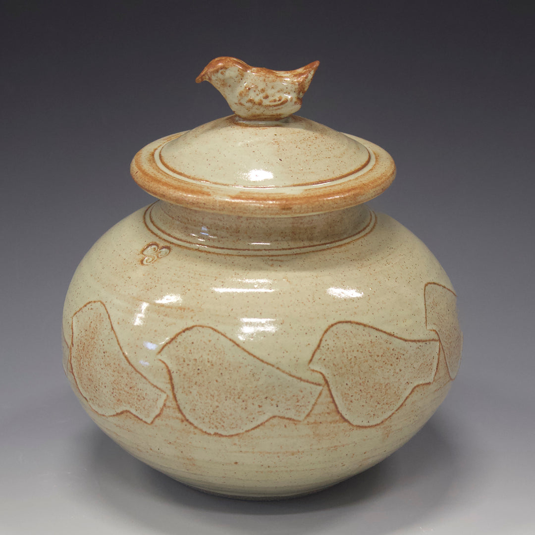 Khaki Jar With Etched Birds