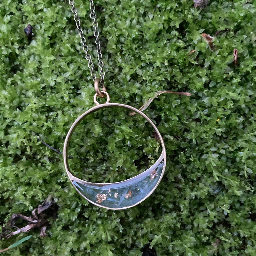 Long Crescent Necklace Garnet + Gold Leaf
