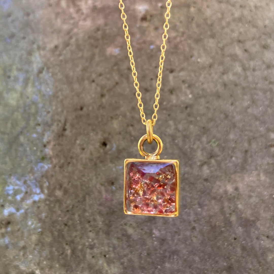 Petite Square Necklace Garnet Gold Leaf