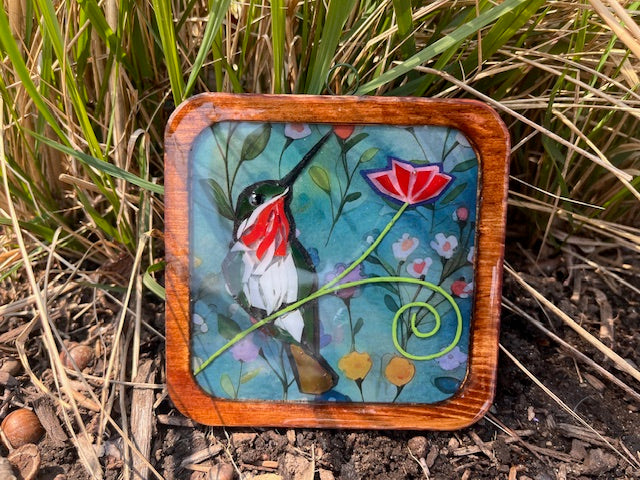 Tile - Green Hummingbird + Red Flower