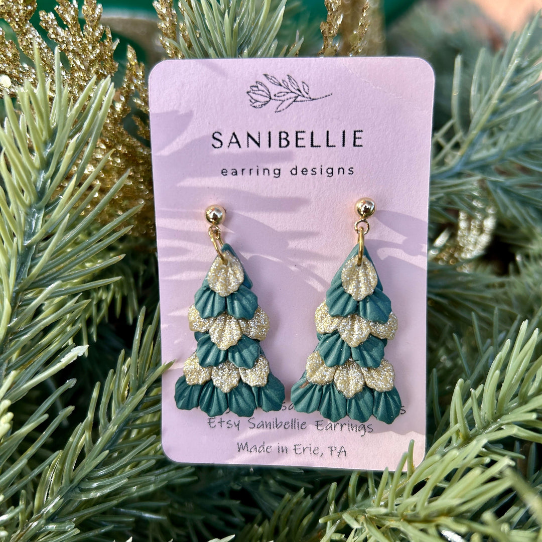 Fluffy Tree Earrings Green + Gold