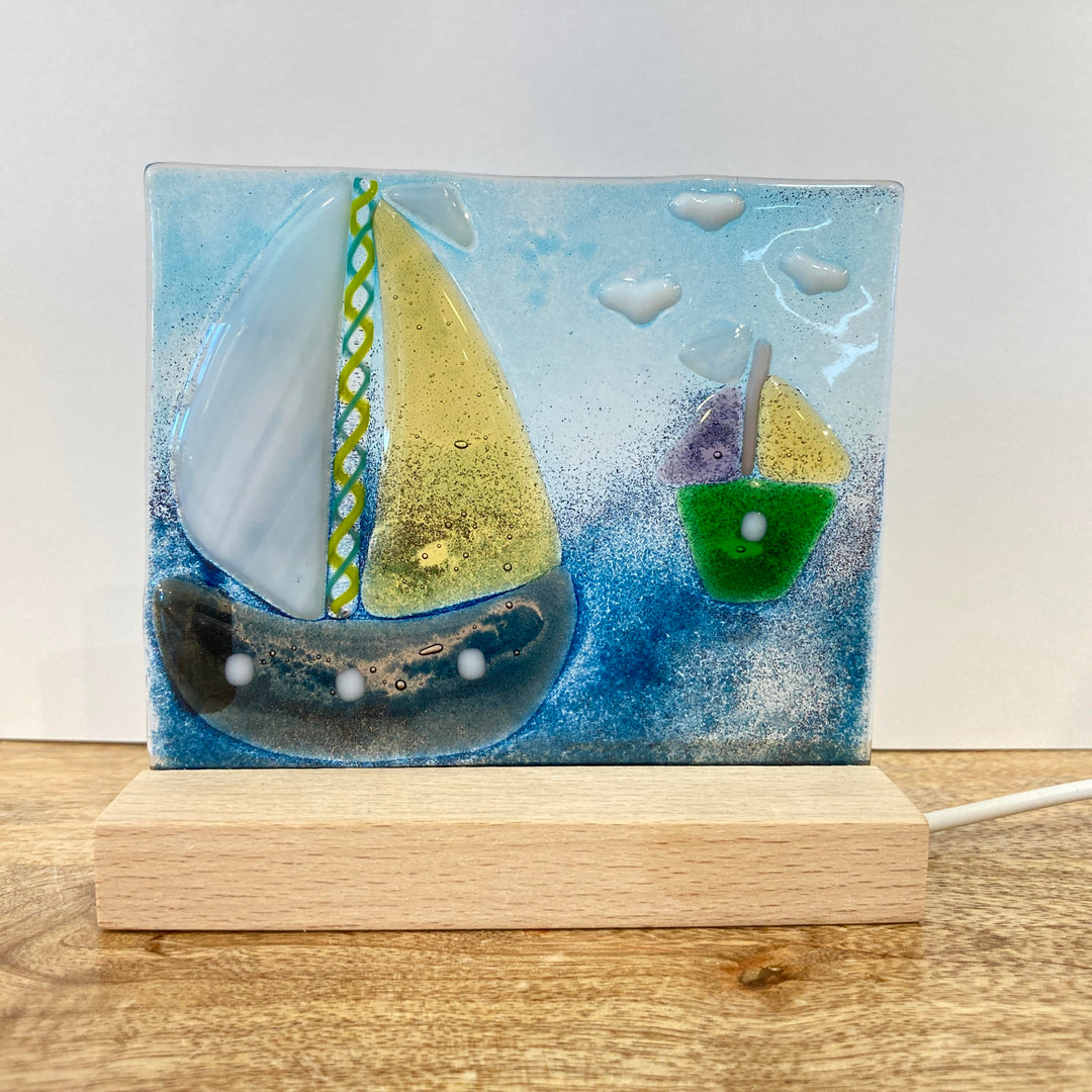 Sailboats in Electric Lighted Wood Base