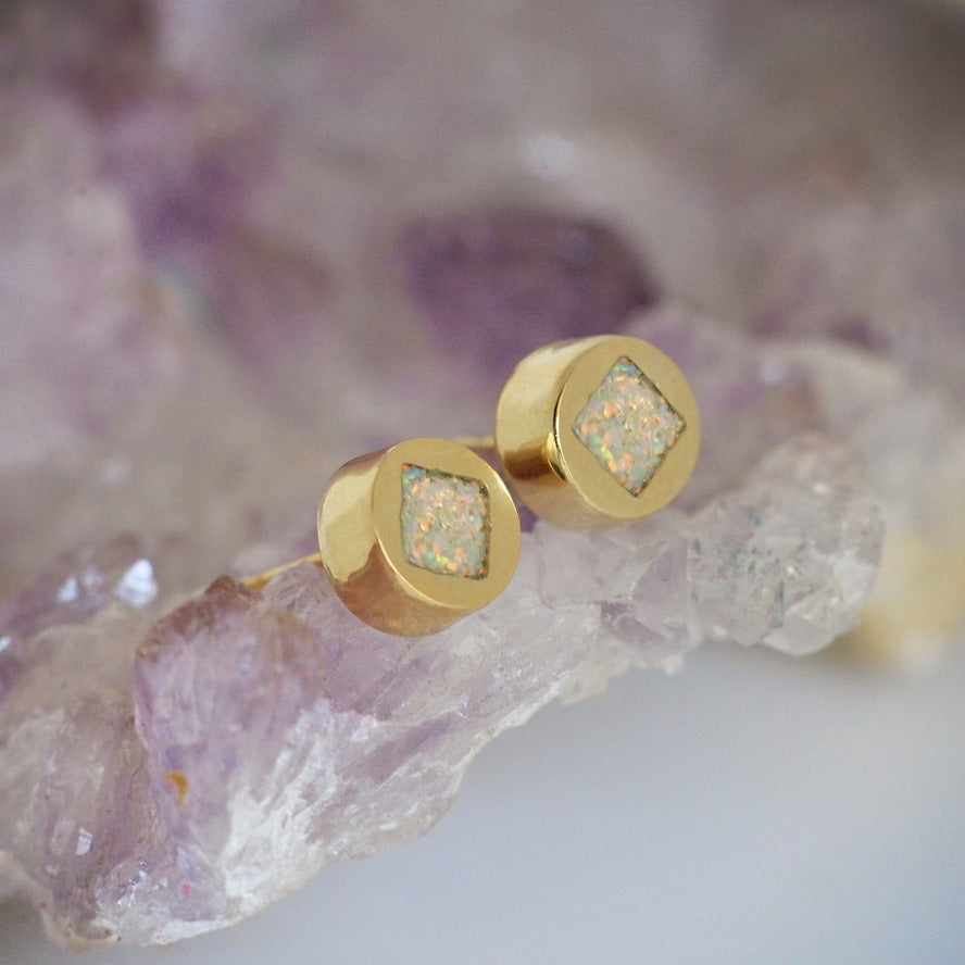 Square Opal Inlay Vintage Design Gold Post Earrings