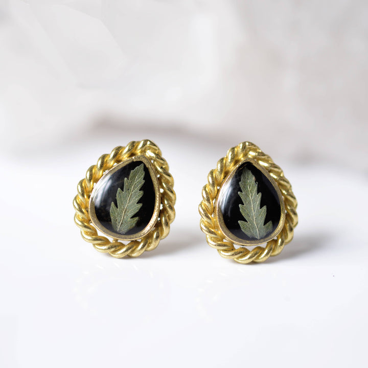 Small Pressed Fern Teardrop Earrings Black Enamel
