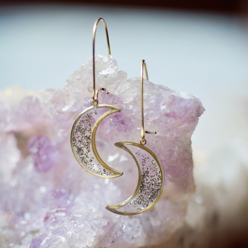 Scattered Pyrite Moon Earrings