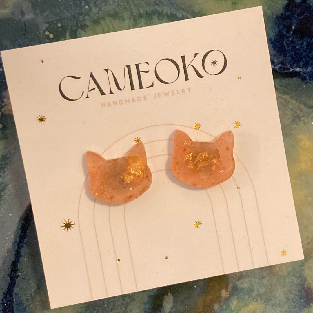 Cat Earrings Peach Selenite + Gold Leaf
