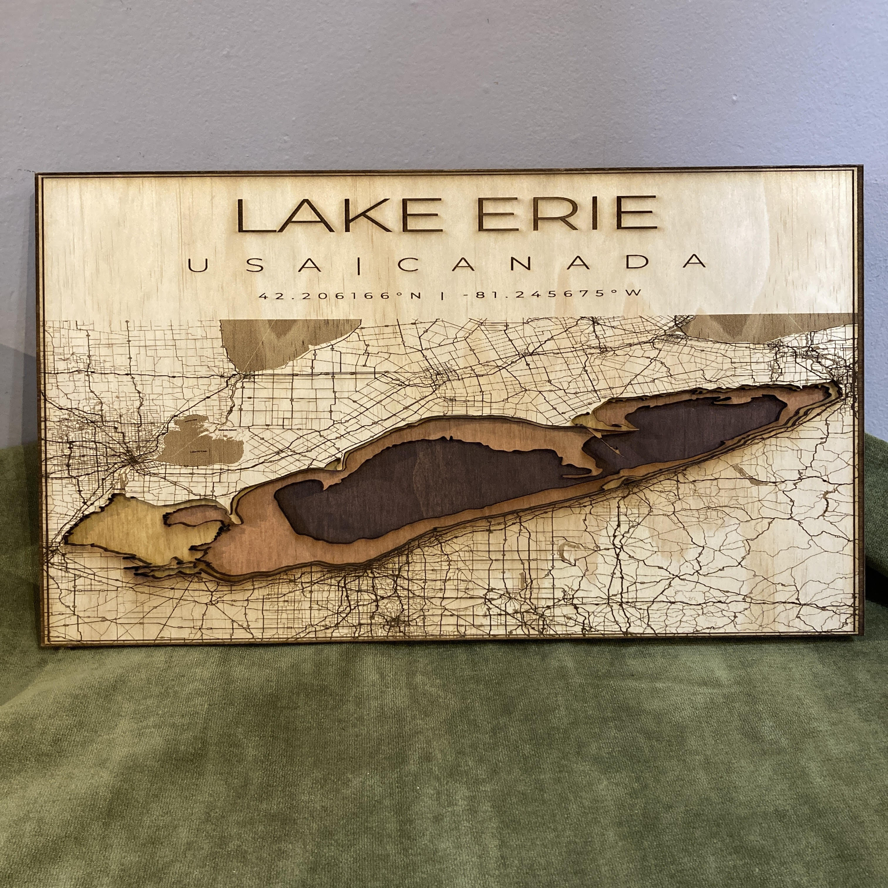 Lake Erie Map Layered Large Brown – Glass Growers Gallery & Gifts