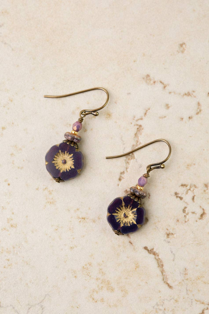 Czech Glass Purple Flower Earrings