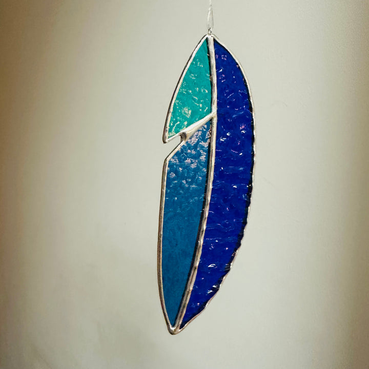 Stained Glass Feather Blue Teal