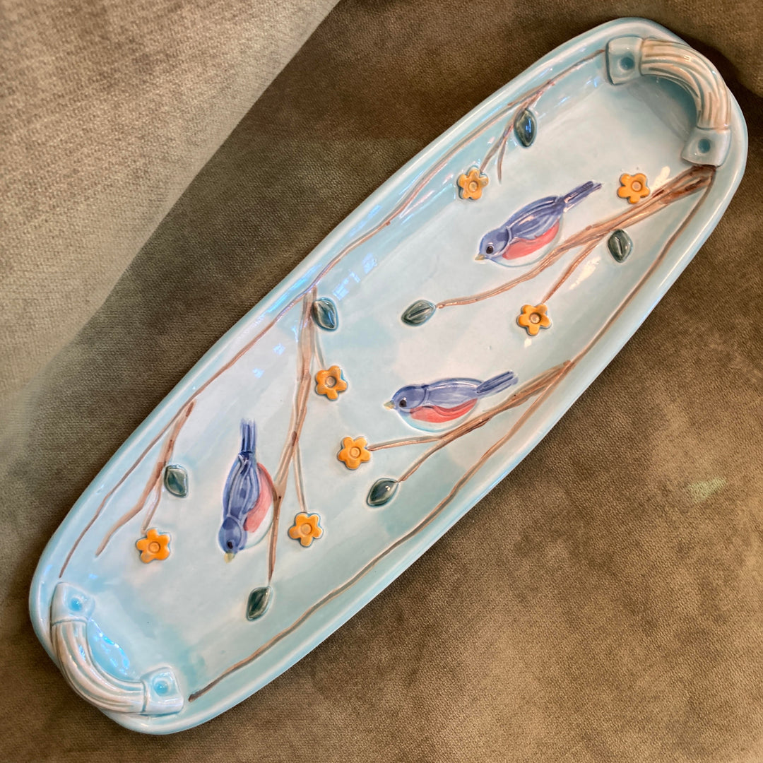 Long Bluebird Handled Tray Light Turquoise With Orange Flowers