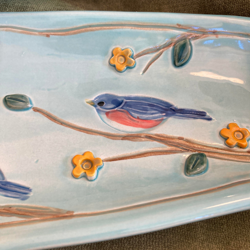 Long Bluebird Handled Tray Light Turquoise With Orange Flowers