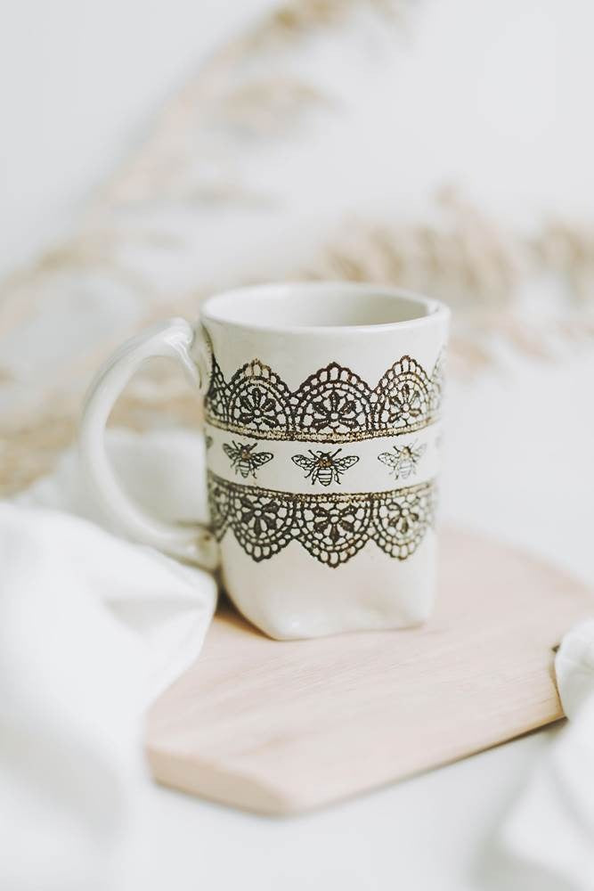 White Lace Bee Mug