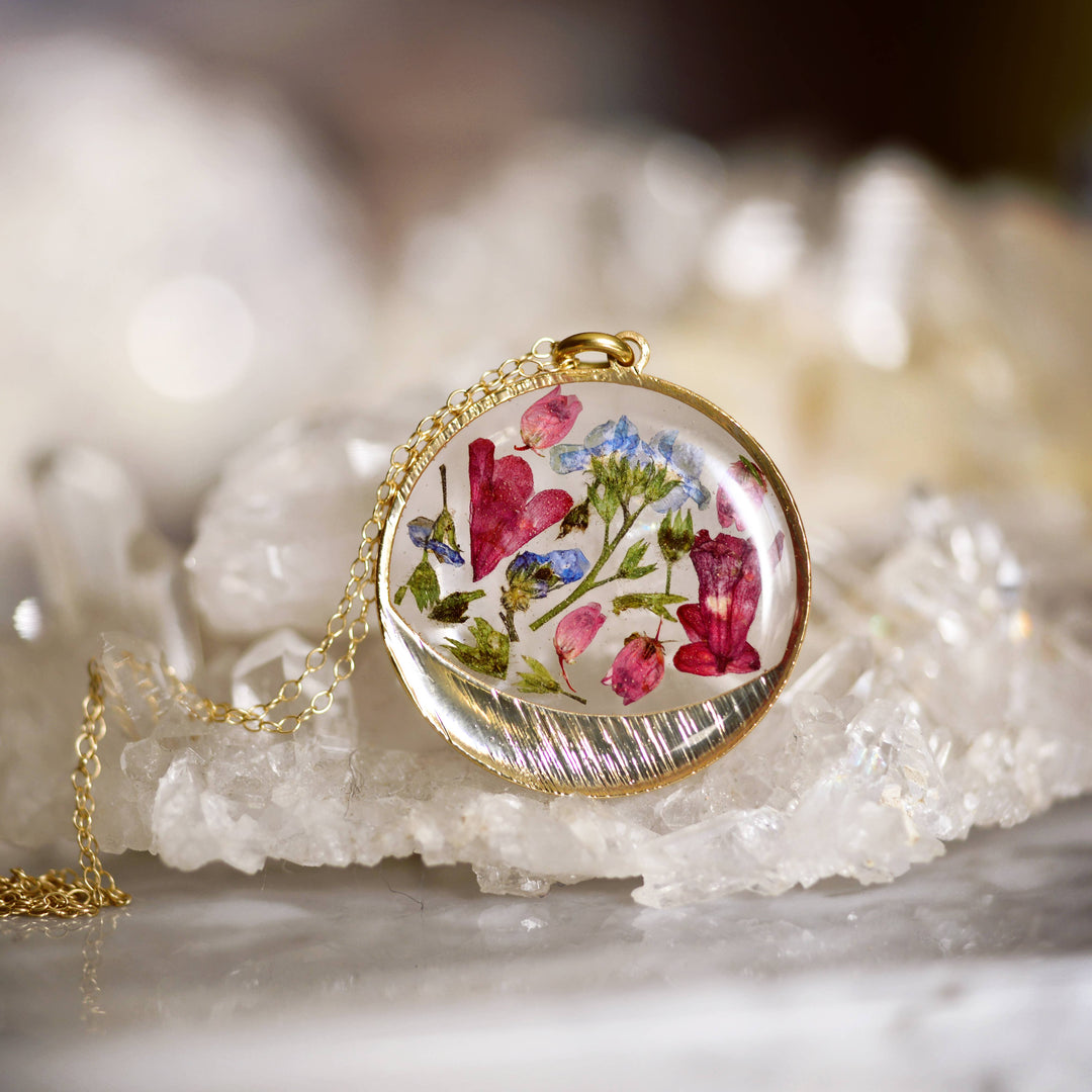 Garden Variety Flower Confetti Gold Moon Necklace