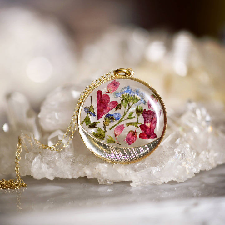 Garden Variety Flower Confetti Gold Moon Necklace