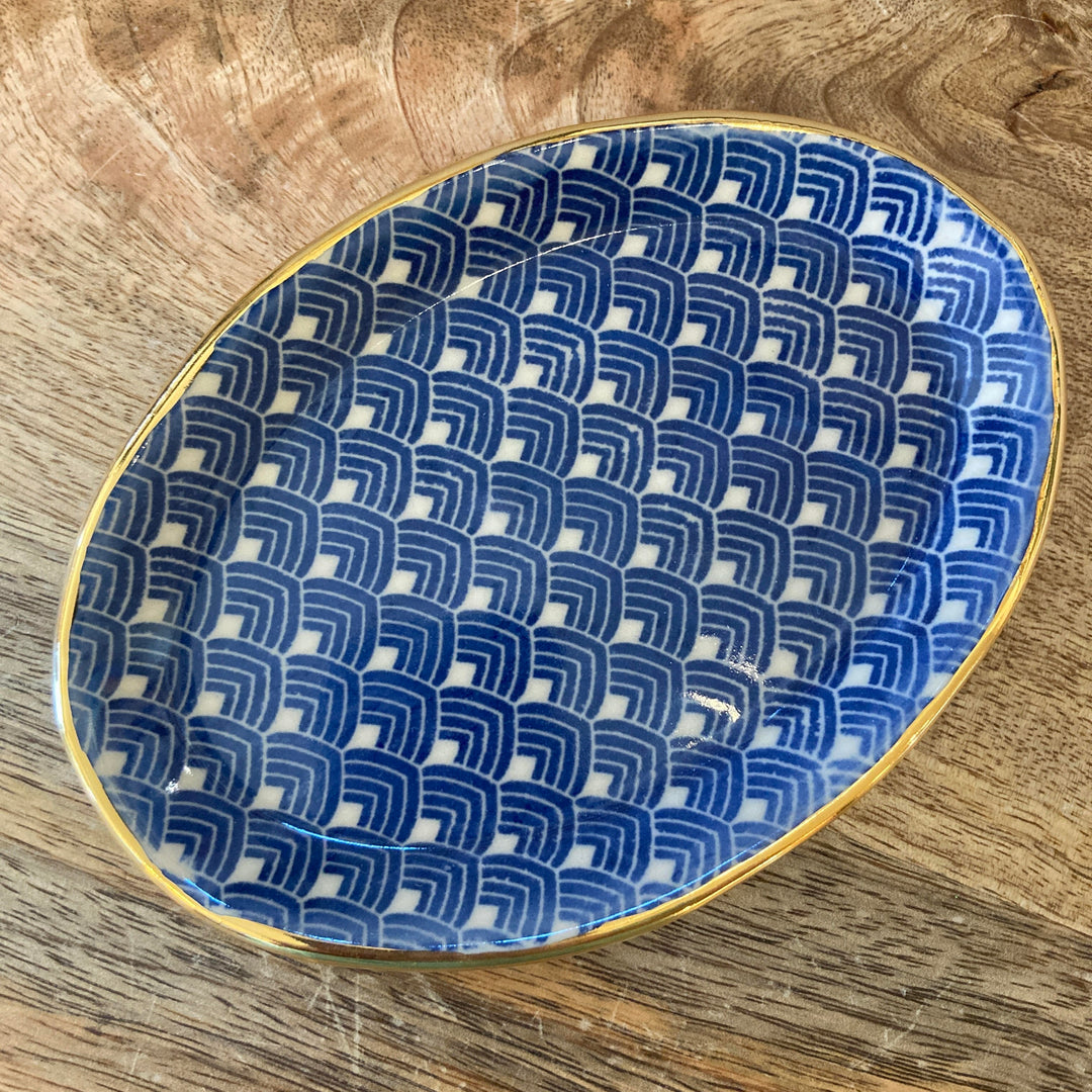 Screen Printed Dish Oval Feather Blue