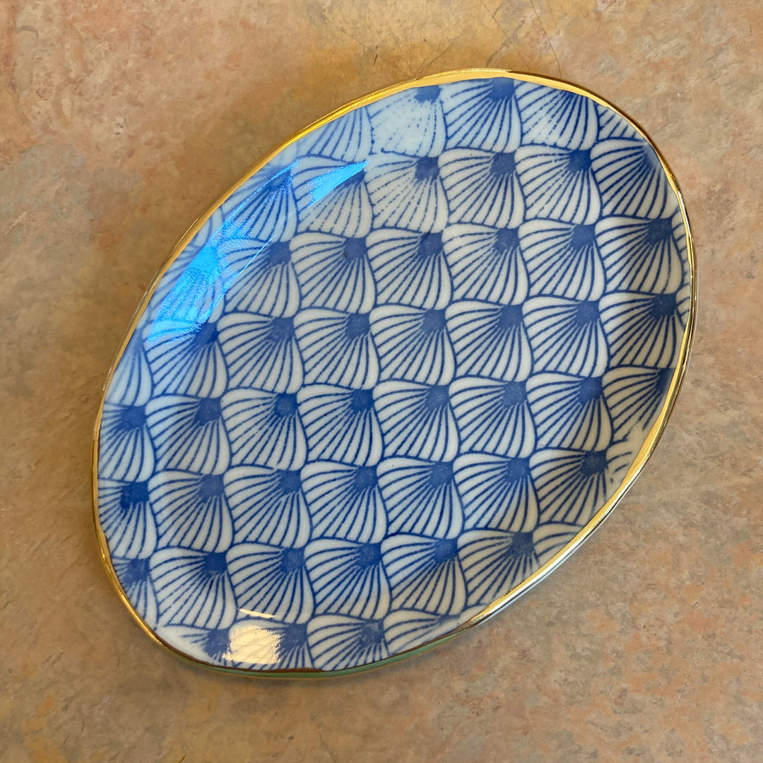 Screen Printed Dish Oval Wave Blue