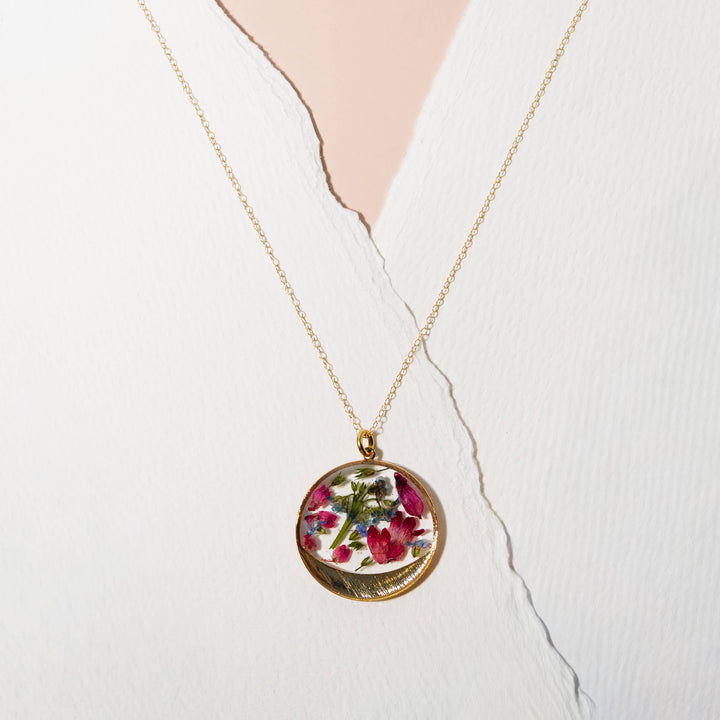 Garden Variety Flower Confetti Gold Moon Necklace
