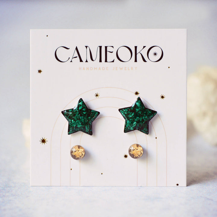 Star Pack Stud Earrings set of two - Gold Leaf + Malachite