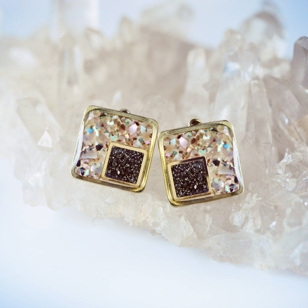 The Echo Post Inlay Geometric Square Earrings: Abalone + Pyrite
