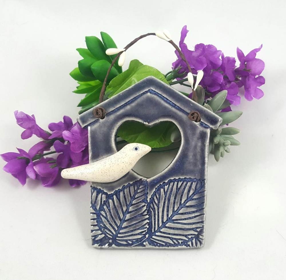 Birdhouse Ornament Gray Blue