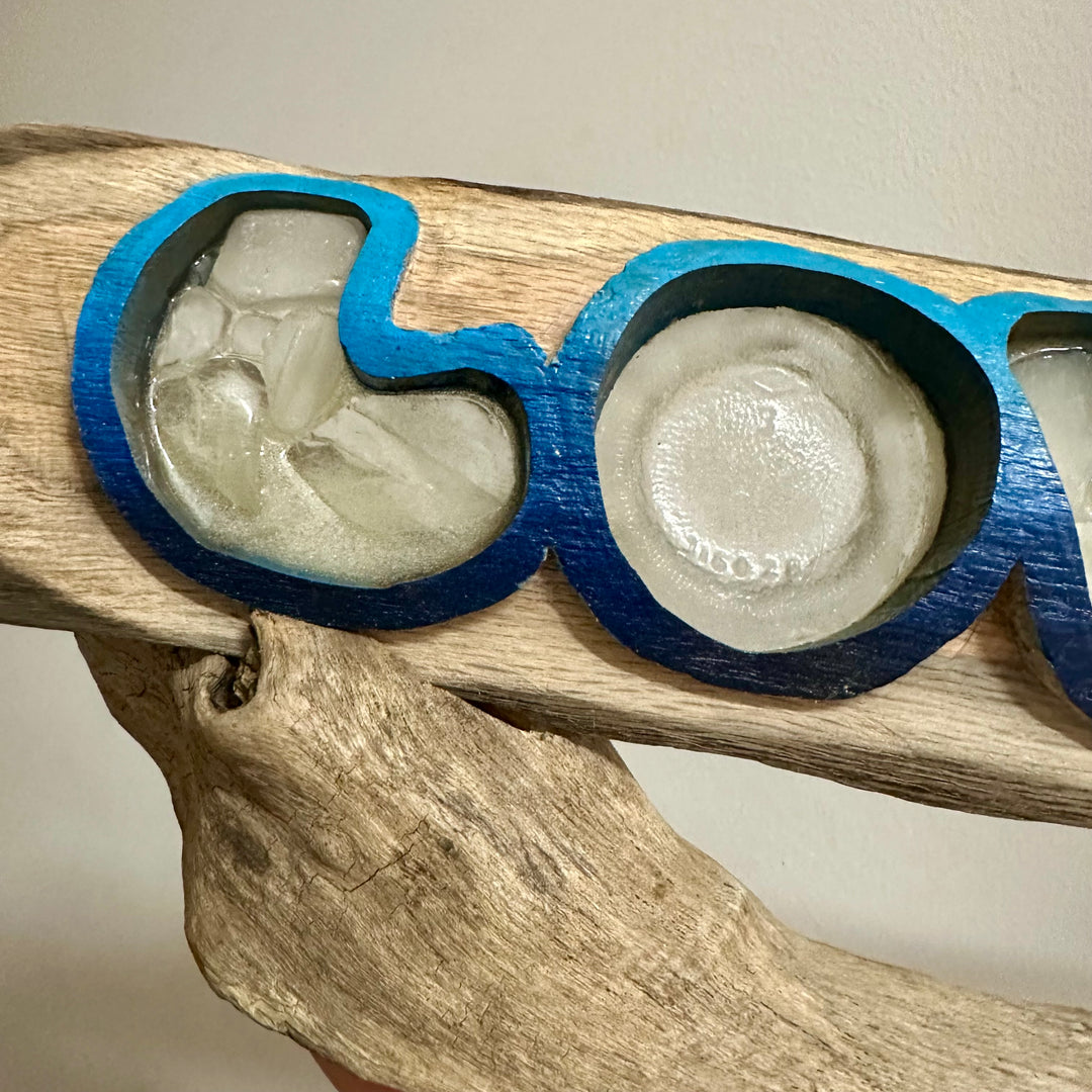 Driftwood + Beach Glass Blue LOVE Floating Stand Large
