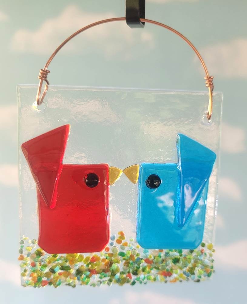 Suncatcher Red + Aqua Kissing Birds