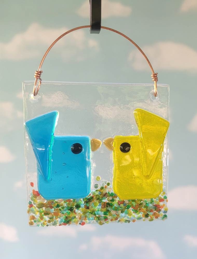 Suncatcher Aqua + Yellow Kissing Birds