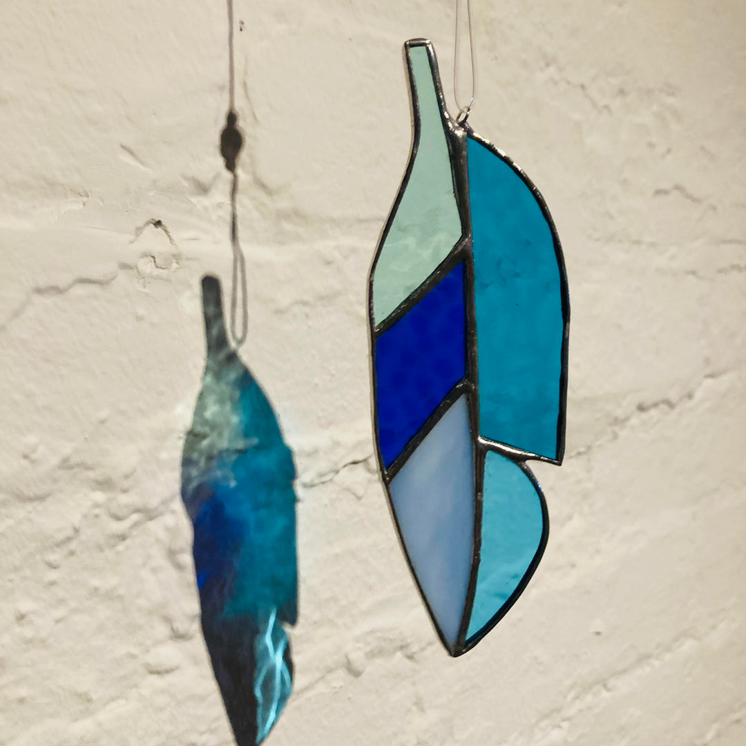 Stained Glass Feather Blue Teal