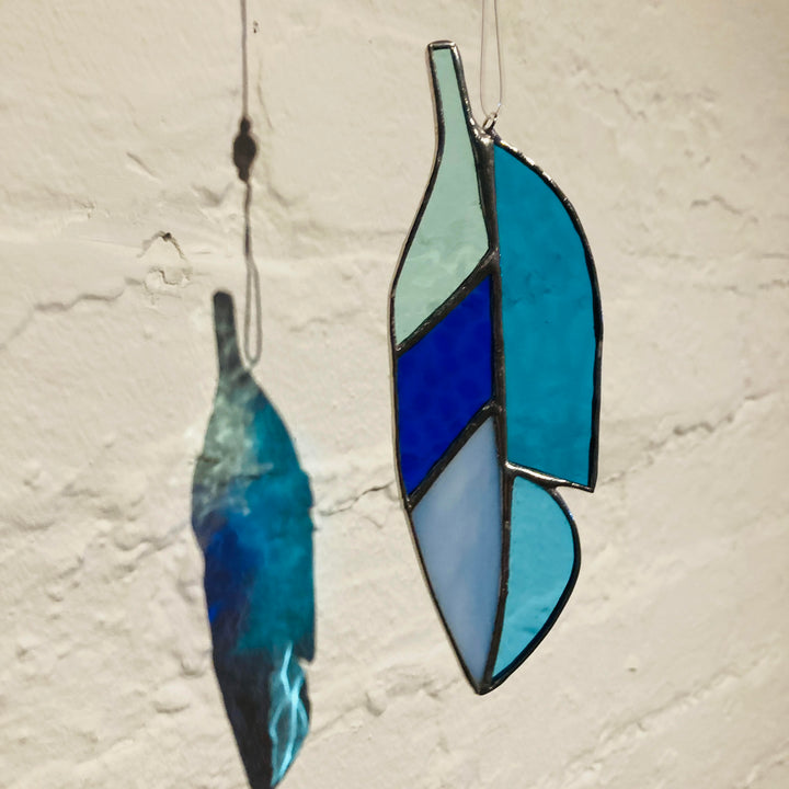 Stained Glass Feather Blue Teal