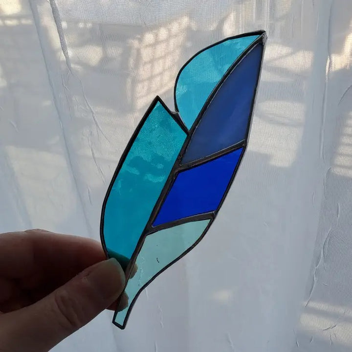 Stained Glass Feather Blue Teal