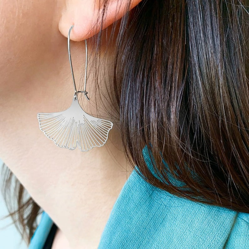 Ginko Biloba Leaf Earrings Silver