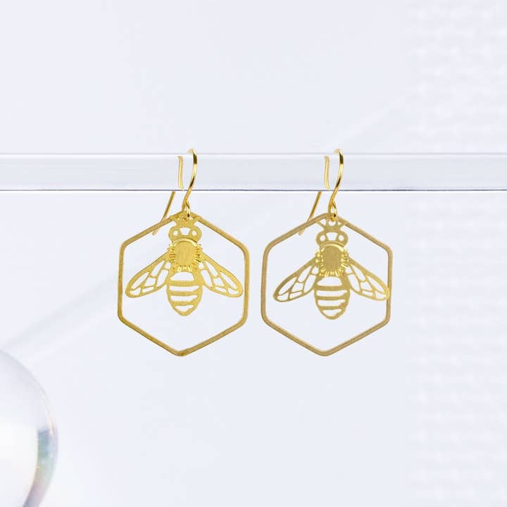 Honeybee and Hexagon Earrings Short