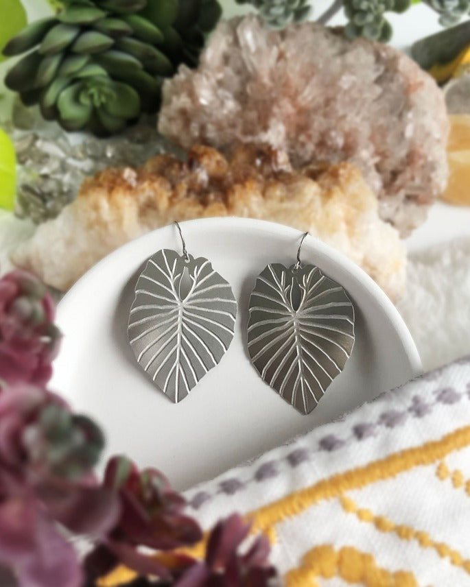 Alocasia Leaf Earrings Silver