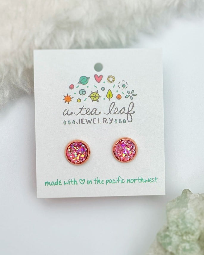 Sparkly Druzy Pink Rose Crystal Earring