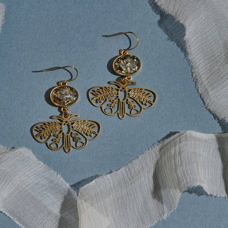 Bella Butterfly Dangle Earrings Abalone + Gold Leaf