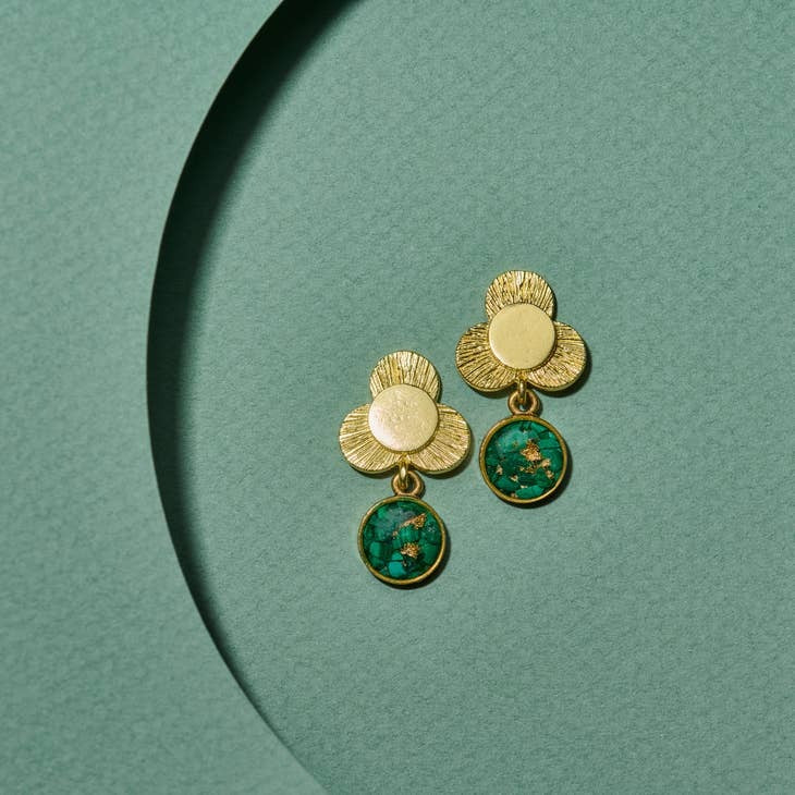 Emily Floral Post Dangle Earring Malachite + Gold Leaf